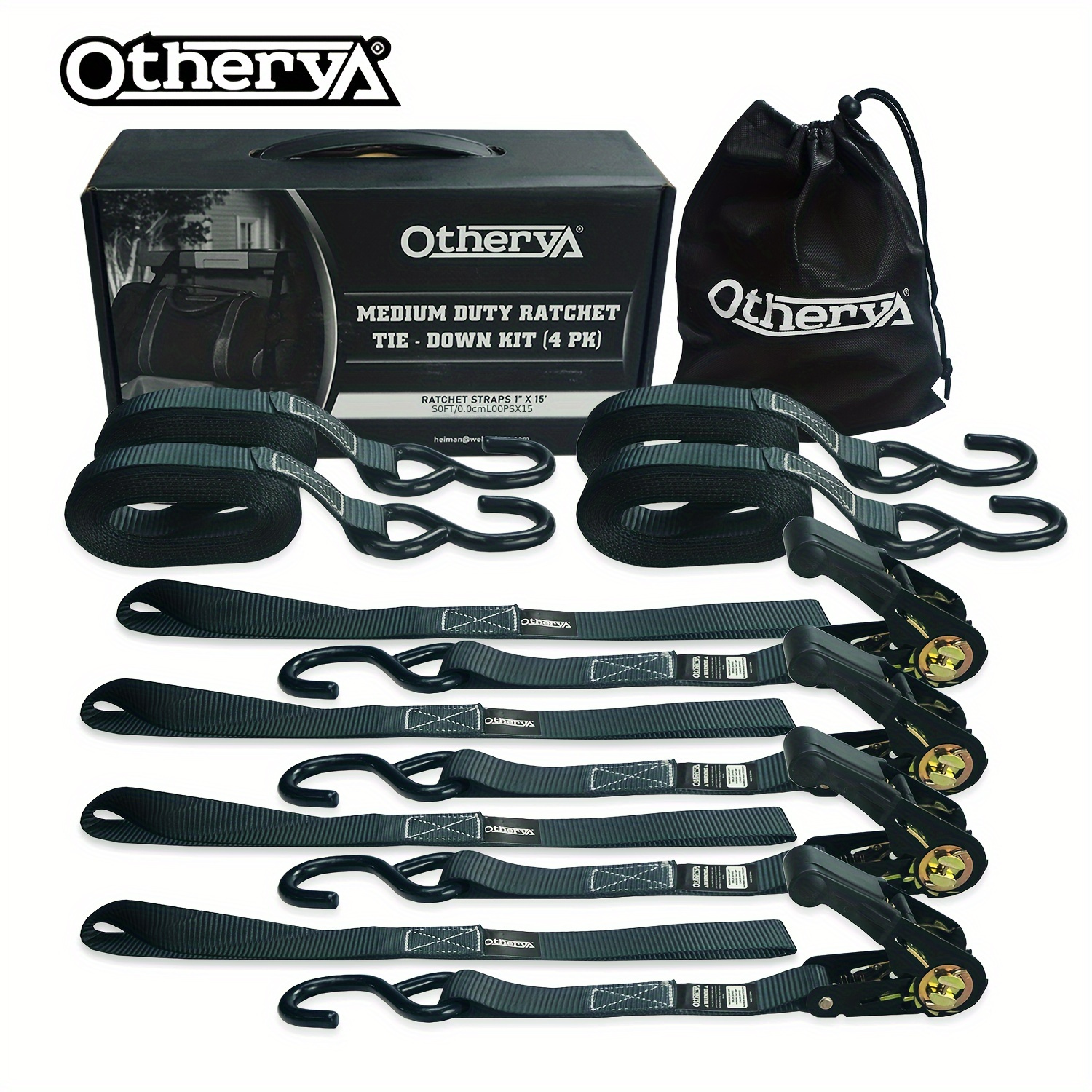 

Otherya Premium 4-pack Ratchet Straps Set - Heavy-duty 1760lbs Break Strength With S-hooks, Soft Loops, And Carrying Case - Perfect For Securing Motorcycles, Bikes, Kayaks, Utvs, And Cargo