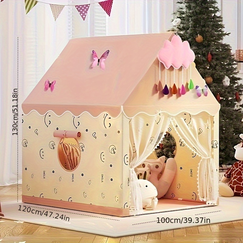 lächelndes gesicht rosa beige zelt mit wolken schmetterlingen, ohne licht, geteiltes bett zauber, kinderzelt