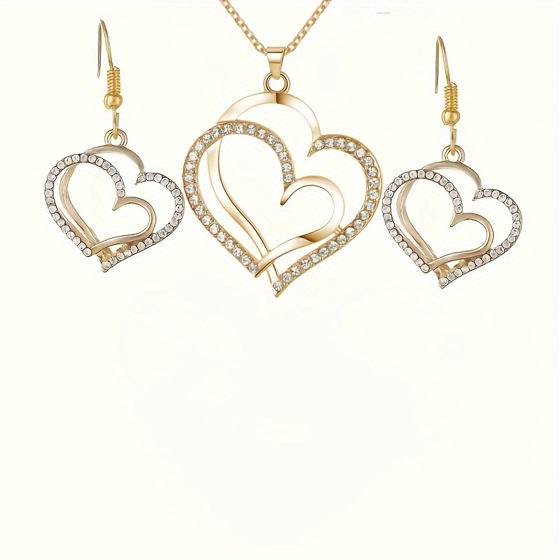TEMU Pair Of Earrings + Necklace, French Jewelry Set With Shiny In Golden For Her, Romantic Gift, Present, , Heartshaped Jewelry, Fine , Durable