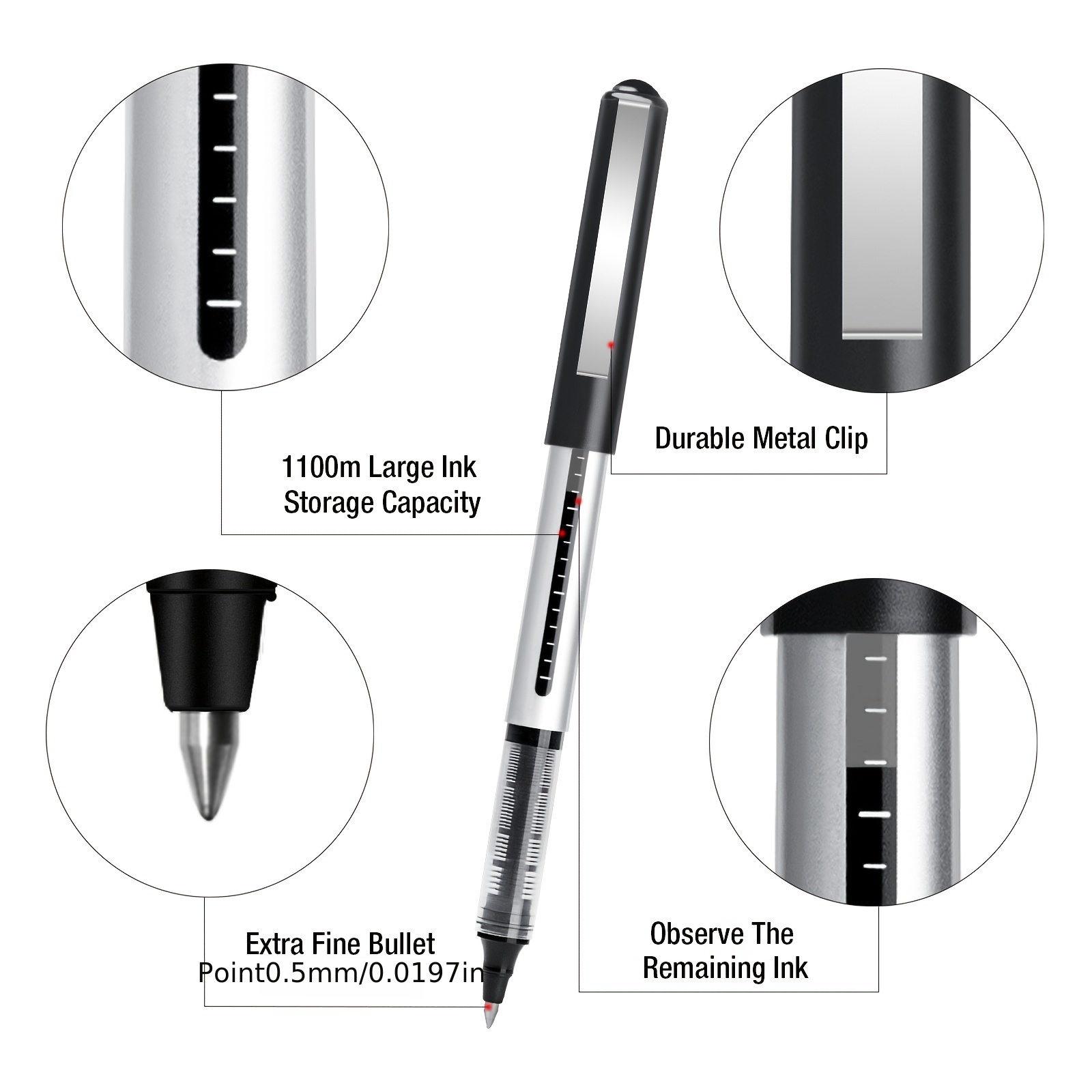 Rollerball Pen Fine Point Pens: 16pack 0.5mm Black Gel Liquid Ink Pens  Extra Thin Fine Tip Pens, Rolling Ball Point Writing Pens