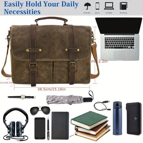 mens messenger bag 15 6 inch vintage waxed canvas briefcase large genuine leather computer laptop bag rugged satchel shoulder bag brown