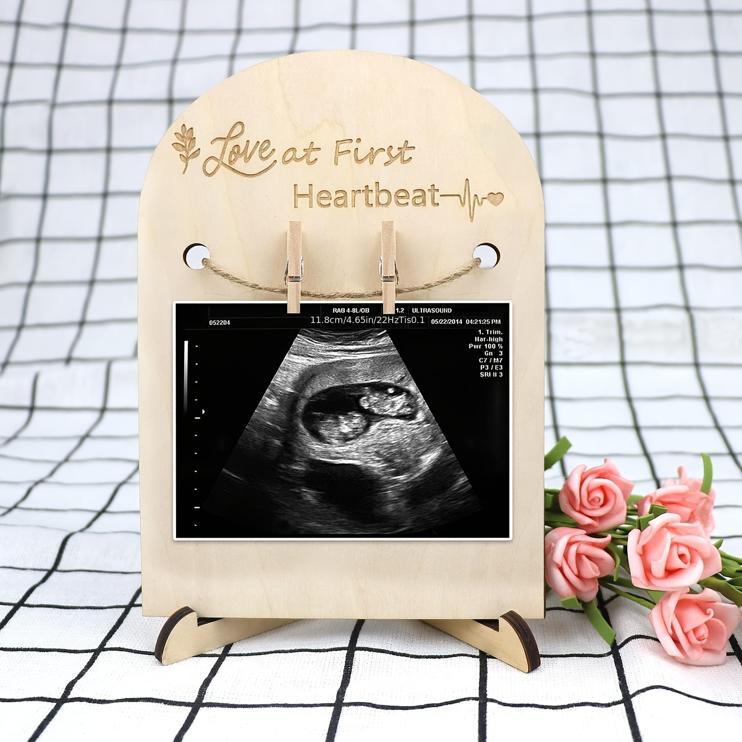 

Wooden Ultrasound Photo Holder - "love At First Heartbeat" Keepsake Display Stand, Pregnancy Sonogram , Gift, Decor Accessory