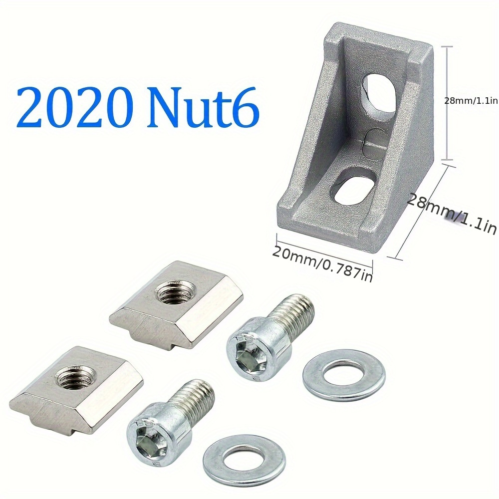 TEMU 10-100pcs Aluminum Angle Brackets 20 Series Silvery Right Angle With D-shaped Nut And Bolt Hardware, Suitable For 2020 3030 4040 Extruded Aluminum Connector