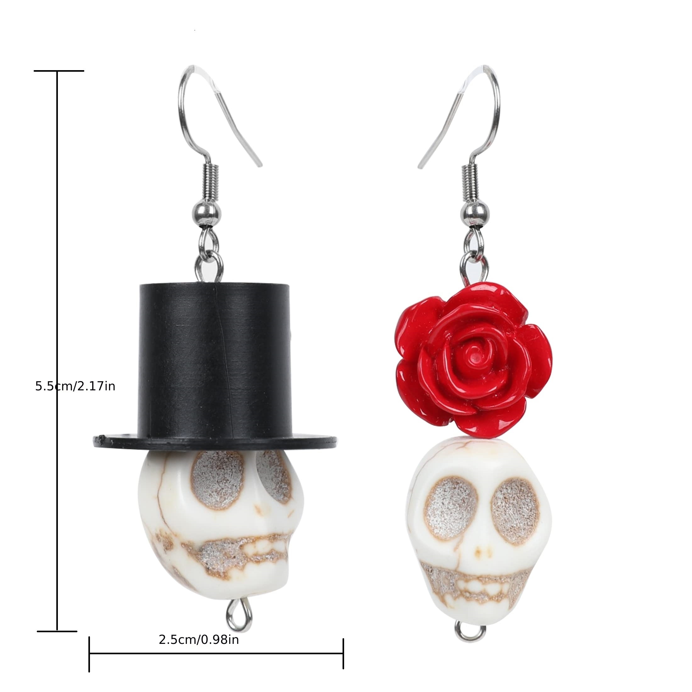 Gothic Skull & Rose Earrings Halloween Resin Crafted Iron Hooks