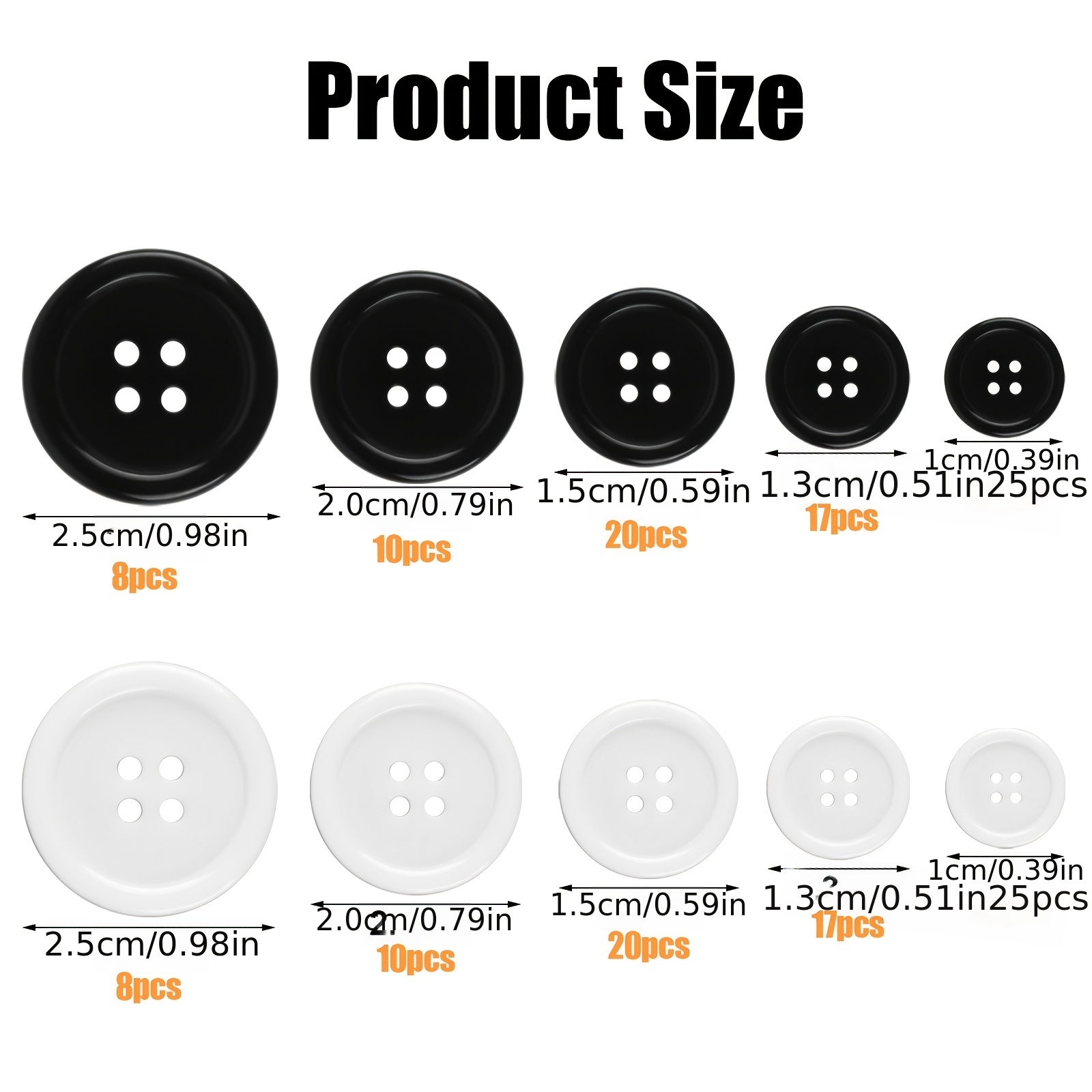100 Pcs Black Buttons, Black Buttons for Crafts, 4-Hole Buttons for Sewing,  5 Sizes, Buttons Black, Shirt Buttons, Black Button, Small Black Buttons