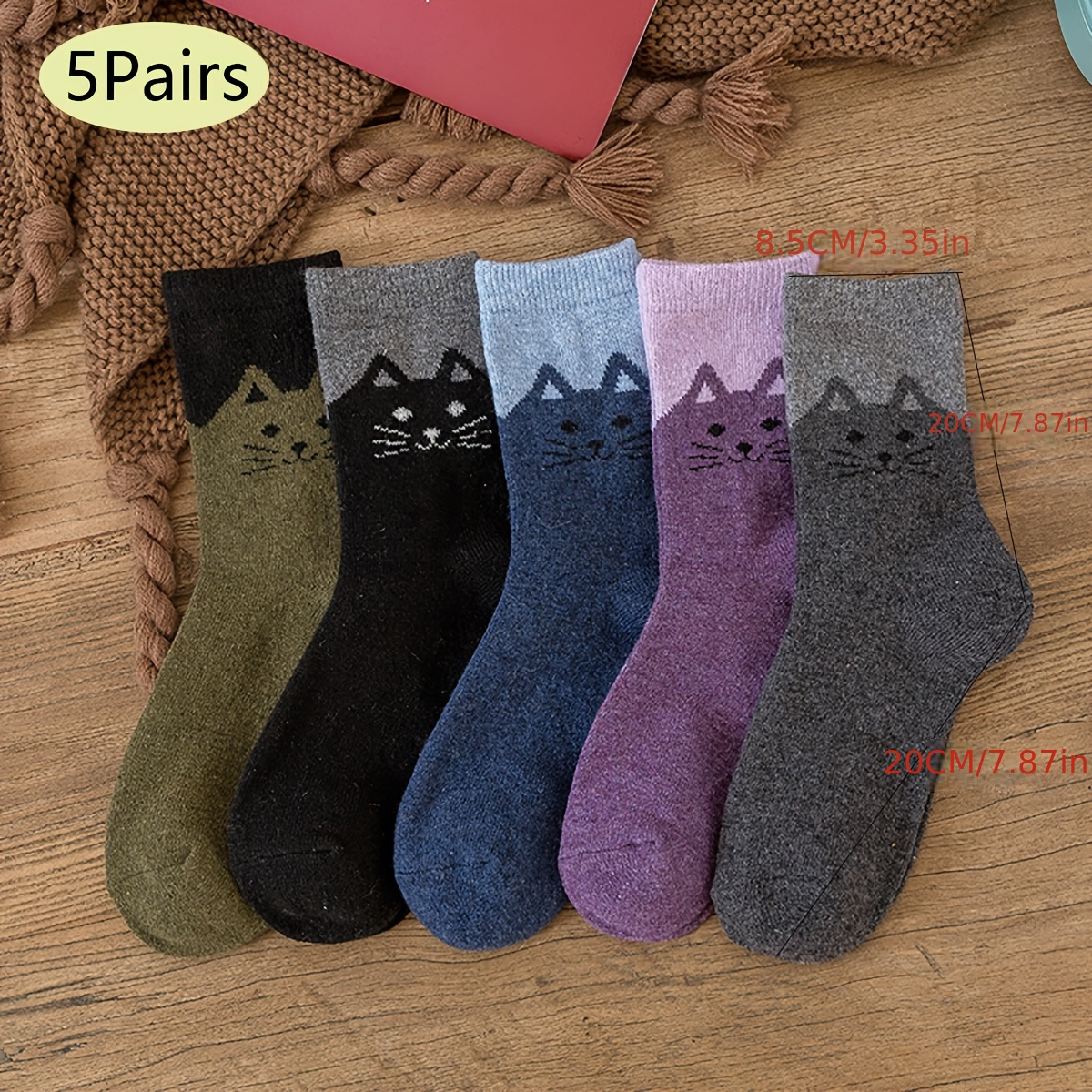 5-pack Women's Warm Wool Crew Socks - Thick, Cozy, And Stylish With Adorable Cat Patterns, Perfect For Autumn And Winter