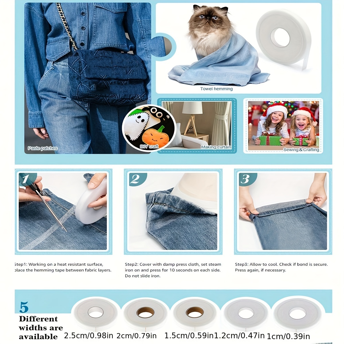 DaKuan 4 rollos de cinta de fusión de tela, cinta adhesiva para planchar en  el dobladillo, cinta adhesiva para pegar ropa, jeans, pantalones, collares