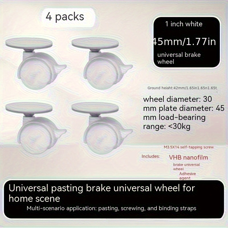 Image of 4pcs - Flat Wheels With Brakes, To Punch Holes, Easy To Move And Stable On Trolleys, Storage Boxes, Shelves And Cabinets