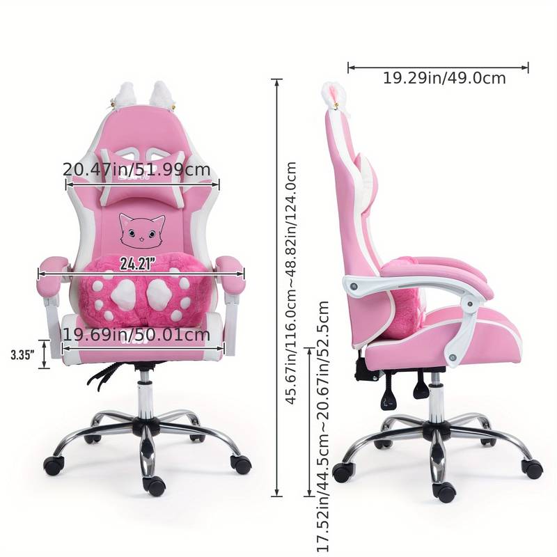 Chaise Gaming Fille Avec Oreilles De Chat - Ergonomique, Repose-pieds Rétractable - Réglable, Rose Et Blanc - Pour Ados, Enfants