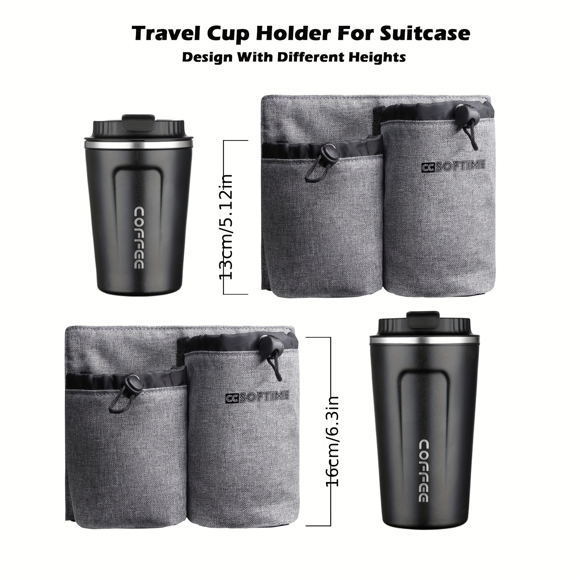 

2 Pockets Minimalist Small Travel Cup Holder With Drawstring, Adjustable Luggage Drink Carrier, For Suitcase Handle