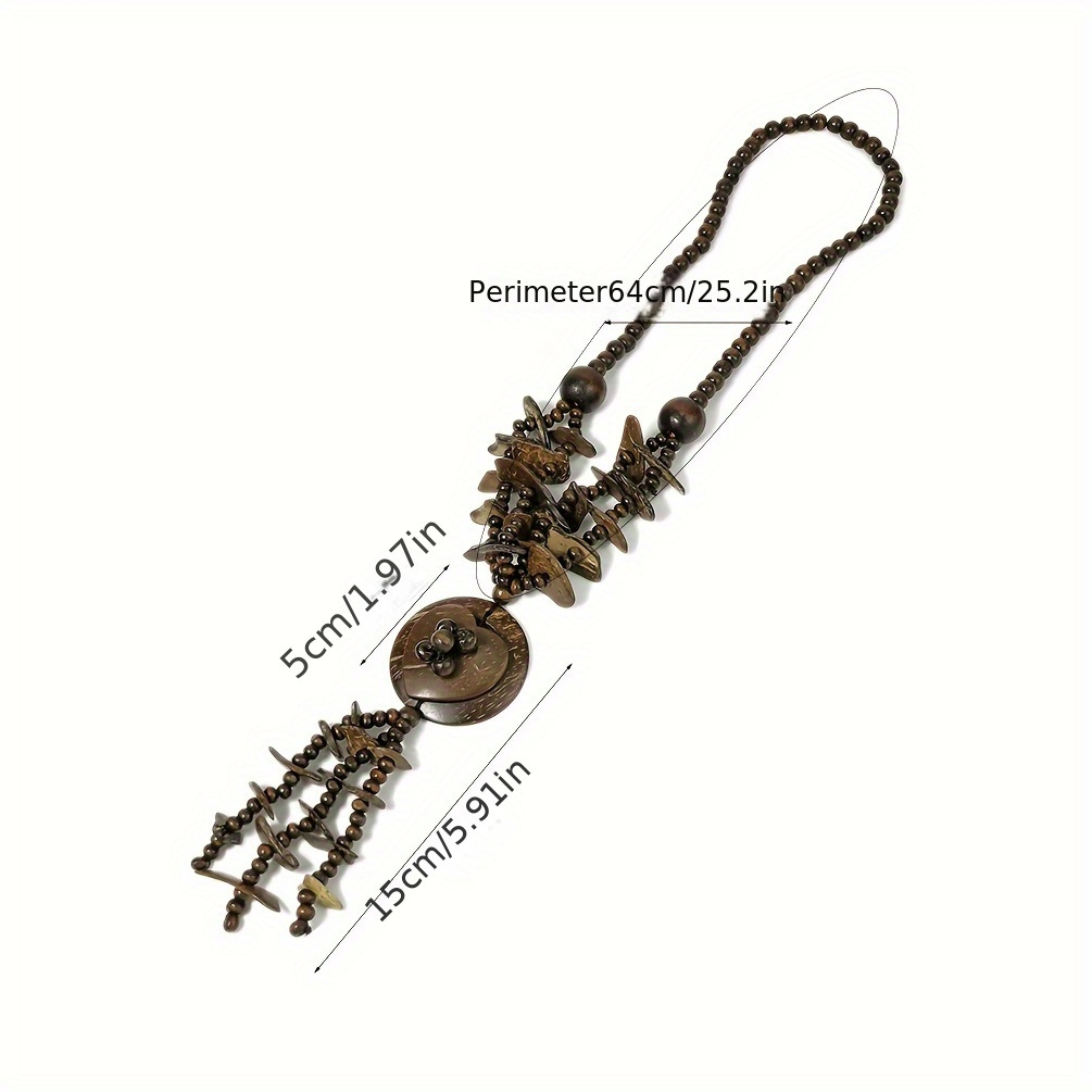 Boho Vintage Coffee Wood Bead Necklace with Pendant