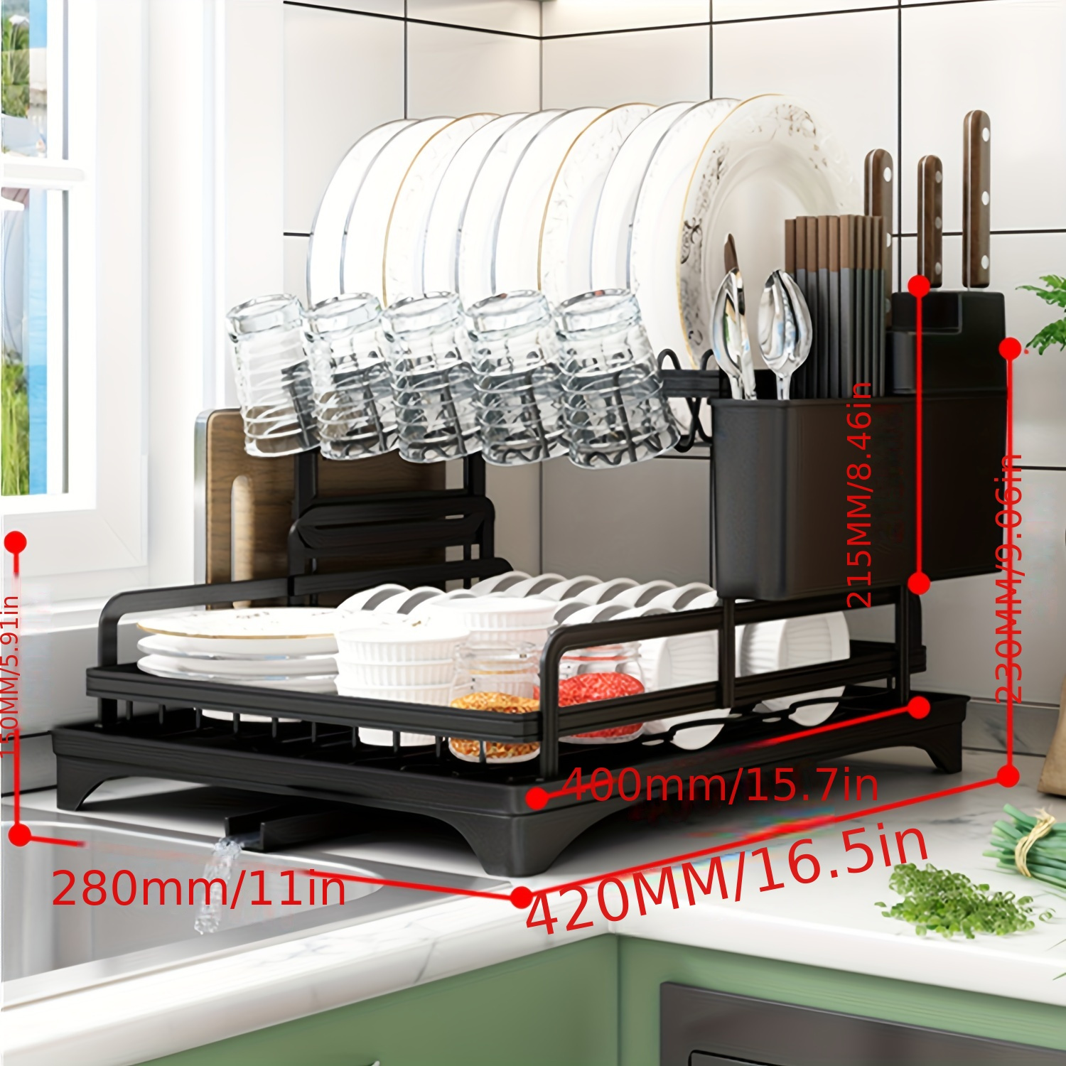 2 tier iron dish drying rack with   and cutlery holder kitchen countertop plate bowl organizer dish rack with knife block glass holder perfect gift for women wife mothers day kitchen gadget details 5