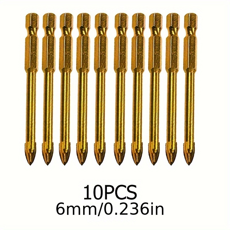 

10pcs Titanium Alloy Drill Bit Set, 6mm - Hex Shank For Ceramic, Marble & Glass Tiles, Ceramic Tile, Diamond Drill Bits, Cylindrical Shape