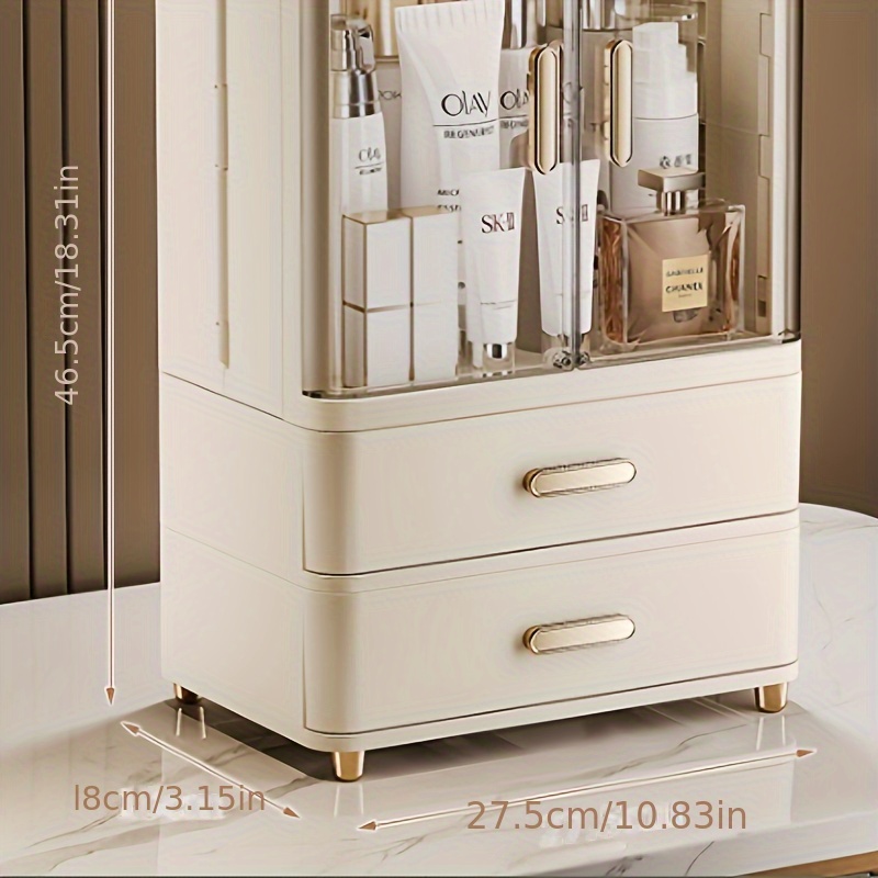 2 3 layer cosmetic storage organizer with golden plated handles top shelf   durable plastic freestanding bathroom bedroom storage box polished   no power needed bathroom organizers and storage Product details 6