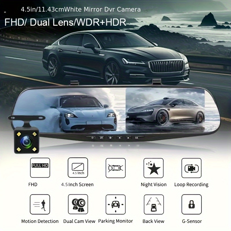 Espejo retrovisor definición de 4,5 pulgadas y cámara trasera con lentes dobles. cámara trasera definición para mercado nocturno. control por botón. los modelos 3