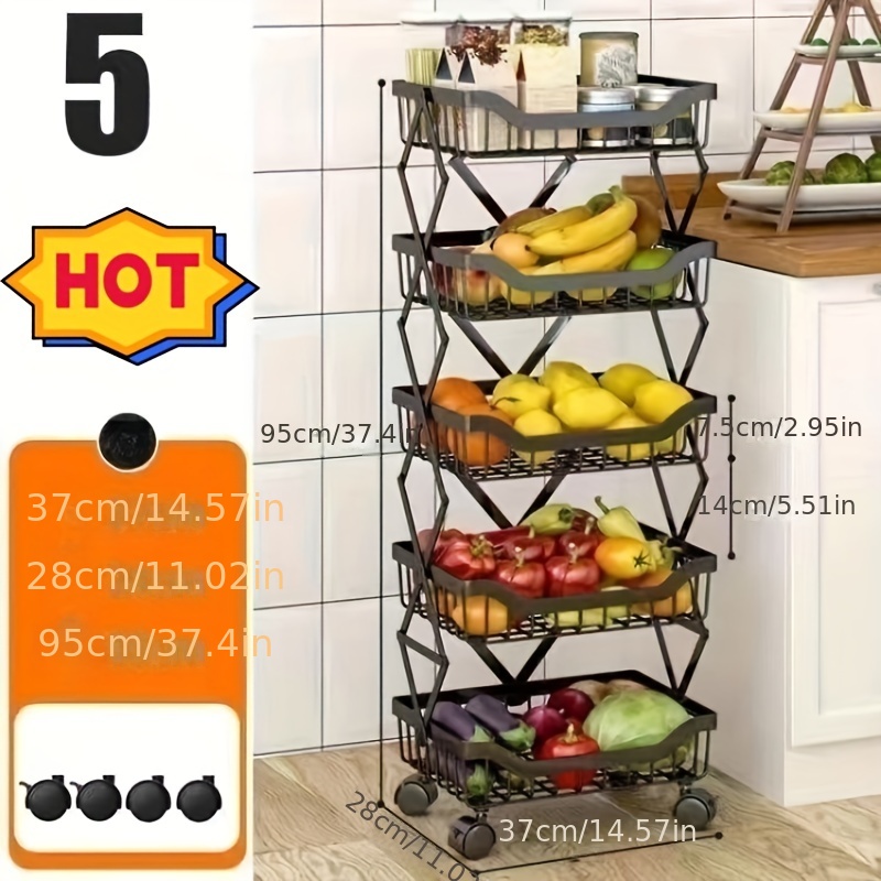 4 Tier Fruit Vegetable Basket for Kitchen, Stackable Fruit and Vegetable Storage Cart,Vegetable Organizer Basket Stand Bins Rack for Onions and