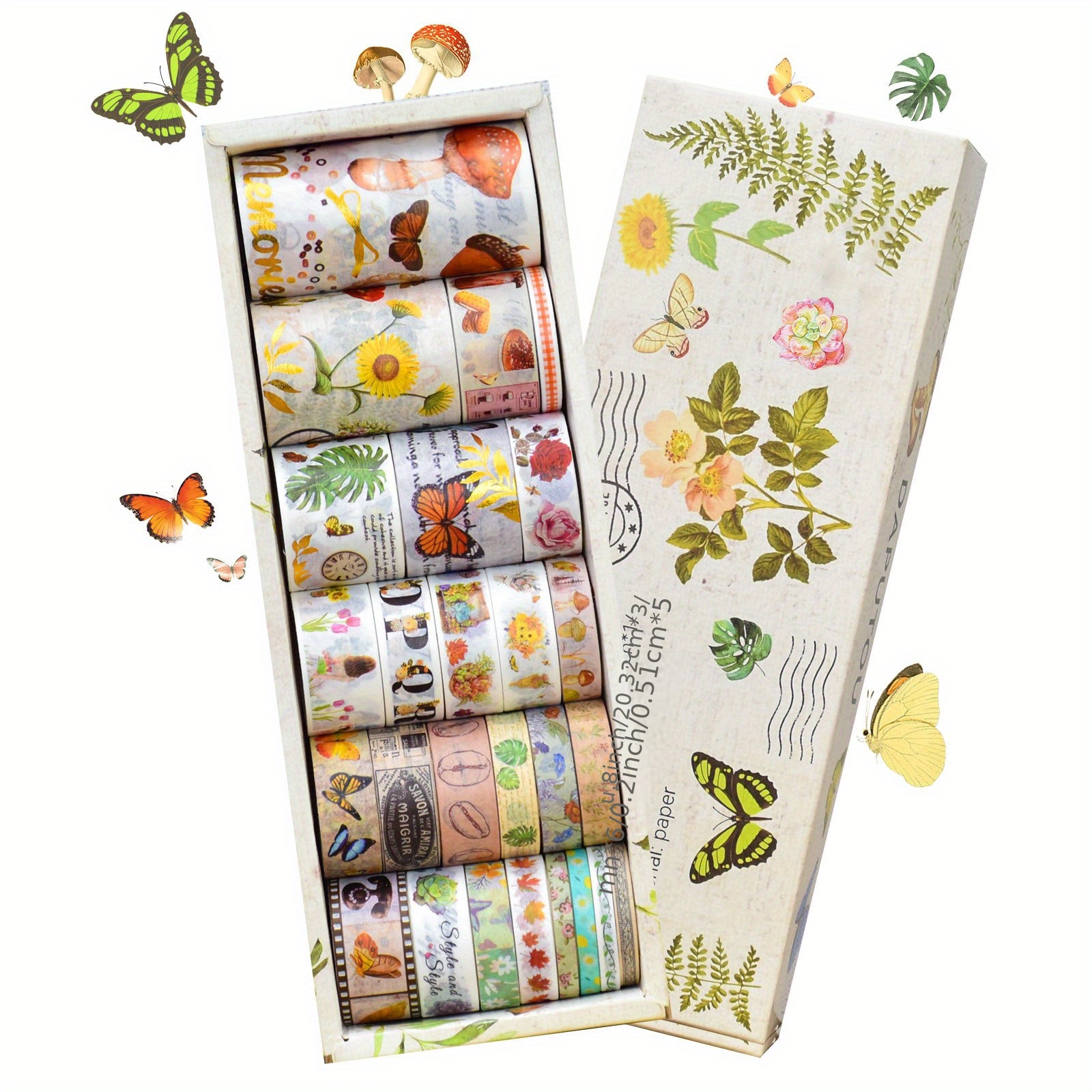 Vintage Washi Tape Wide Floral Butterfly Mushrooms Letter - Temu