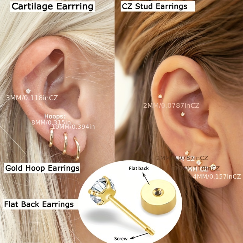 2 Pairs Flat Back Earrings for Women | Cartilage Earring | Stainless Steel  Earrings | Titanium Earrings | Nickel Free Hypoallergenic Earrings | Cubic