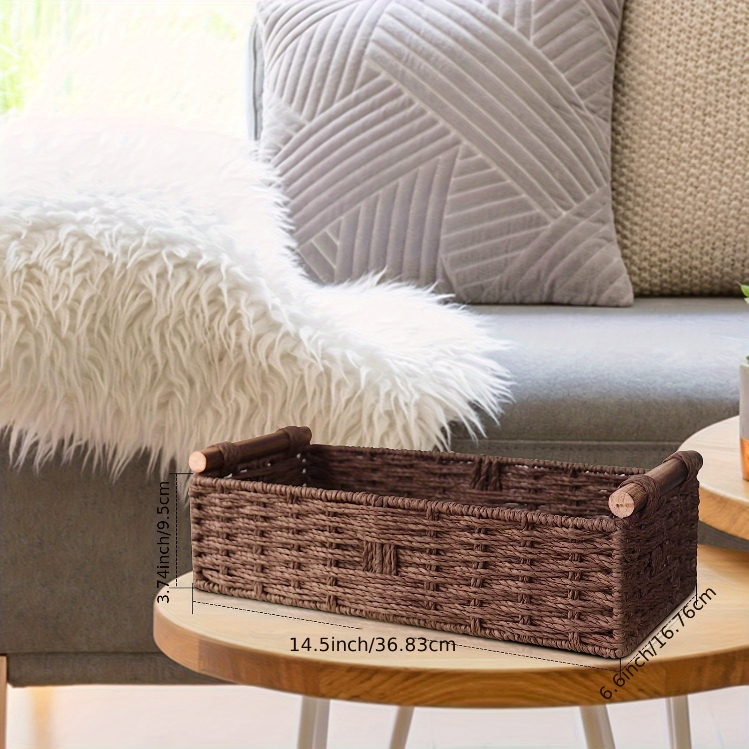 TEMU Beige Woven Paper Rope Storage Basket With Handles - Organizer For Home, Office & Dorm, Basket, Box,cabinet,rack For Outdoor Storage