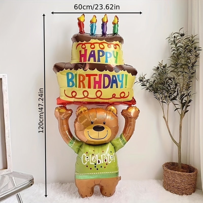 1pc 121.92 Cm Bear Holding Cake Shaped Aluminum Foil Balloon, Birthday Party Decoration, Christmas, Halloween, Thanksgiving Day Gift, Valentine's Day Gift