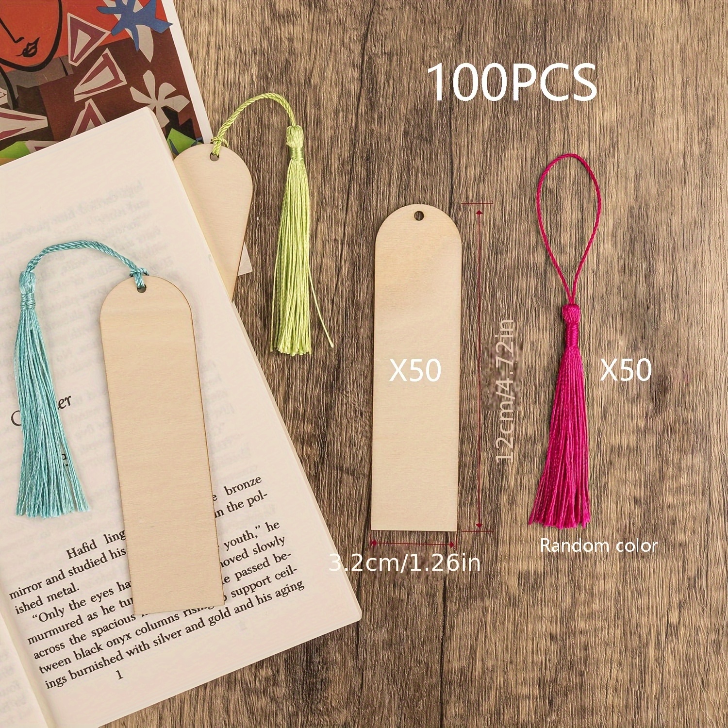 Image of 100pcs Wooden Blank Bookmark Kit With Colorful Polyester Fringe For Painting Graffiti Valentine Holiday Gift Diy Handmade