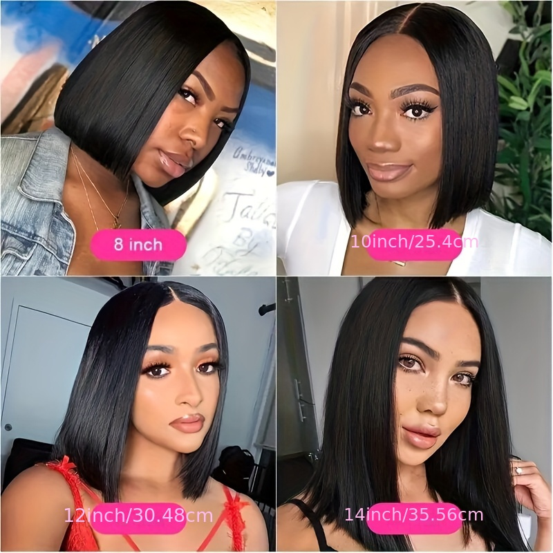 TEMU Perruque Bob Péruvienne 100% Cheveux Humains avec Fermeture en Dentelle Transparente 4x4 & Front - Pré-Épilée, Couleur Naturelle, Cheveux Courts