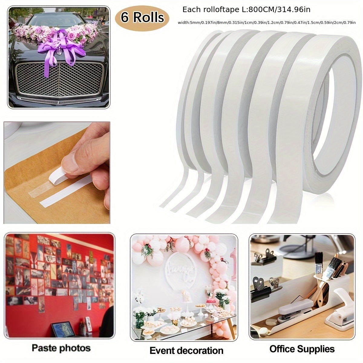Image of 6 Rolls Of High Quality Double Sided Tape, Double Sided , Diy Photo Tape, Gift Wrapping, Paper Backing, Office School, Party, Halloween, Christmas 314.9 Feet, Best For Christmas
