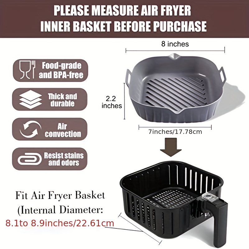 Air Fryer Silicone Liners 2 Pcs, 8.1 inch Square Air Fryer Accessories for  6 Qt or Bigger Air Fryer Baskets, Food-grade Reusable Thick Air Fryer