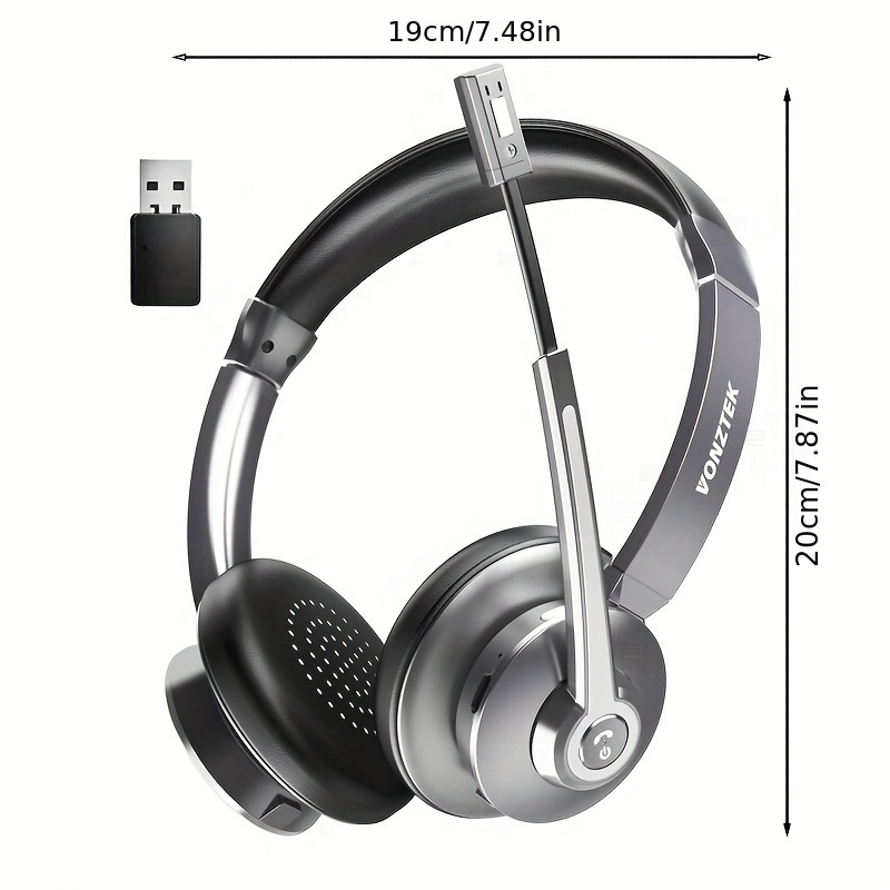 Wireless Headset with Microphone, AI Noise Cancelling, V5.0 on Ear Headphones with USB Dongle & Mute Button Handsfree 26Hrs for Pc/Laptop/Smartphone/Meeting