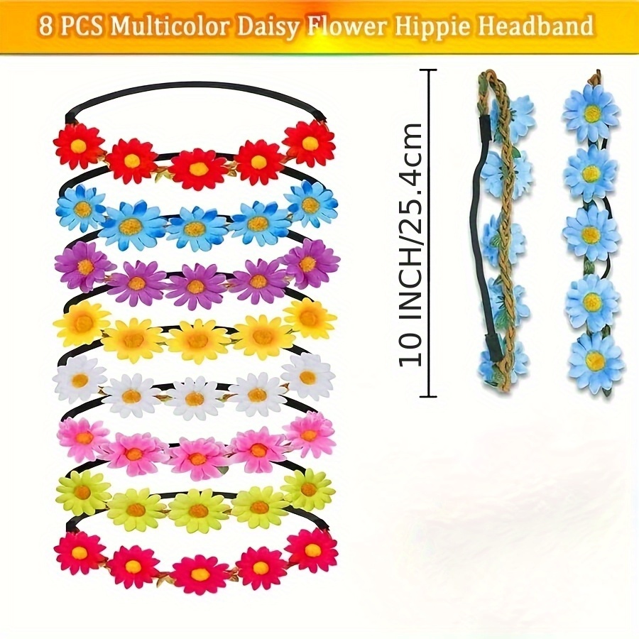 E-shop 8 Stk. Gänseblümchen-Stirnbänder - Bunte Blumen-Haarschmuck für Frauen, Weiche Stoffhaarbänder mit Elastikband für Hochzeiten, Partys,