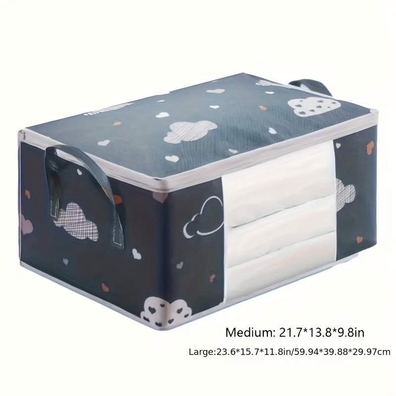 Large Capacity Foldable Clothes & Bedding Storage Bag with Reinforced Handles, Sturdy Zipper & Clear Window - Durable Non-Woven Fabric Organizer for Blankets, Travel, Moving, Home Organization - Blue, Bedroom Organizers And Storage, Playful Pattern Design
