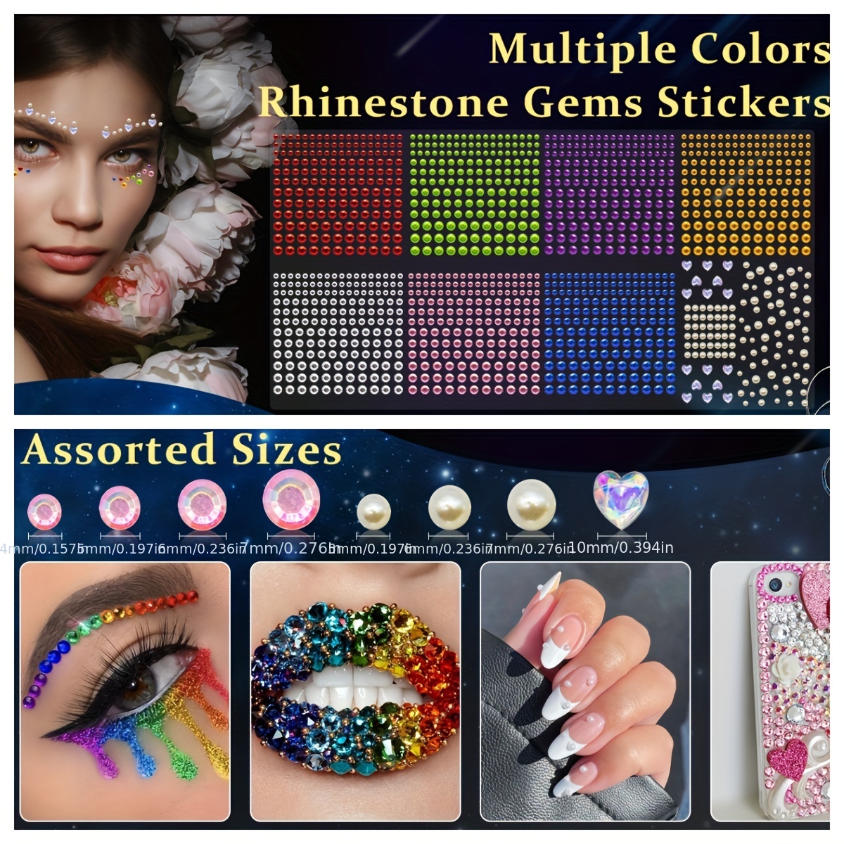 Face Gems Self Adhesive Face Rhinestones for Makeup Festival Face Jewels,  Stick On Rhinestones Hair Gems, Rhinestones Stickers for Makeup, Face,  Hair