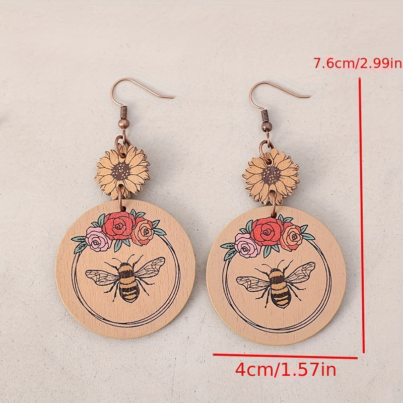 Round Shape Rose Pattern Bee Print Dangle Earrings Bohemian Elegant Style Wooden Jewelry Delicate Holiday Earrings