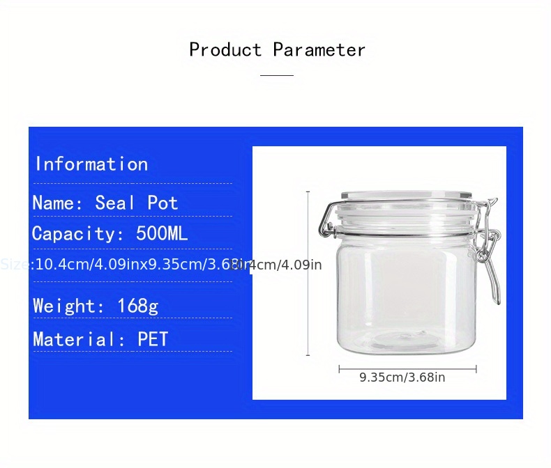 1pc 500ML Square Transparent Snap-Lock Food Storage Canister, Candy Jars  With Lids,Sealed Container, PET Material, 93 Teeth,Moisture-proof  Transparent