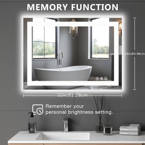 led bathroom vanity with anti fog dimmable front backlit memory function proof tempered glass horizontal vertical mounting for wall modern rectangle design