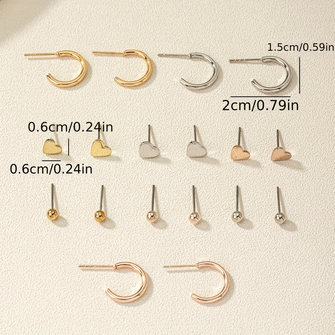 Conjunto de 9 Pares de Pendientes de Botón, Estilo Sencillo Europeo y Americano, Rosa Dorada, Conjunto de Accesorios de Tres Colores Dorado y Plateado, Adecuado para el Uso Diario de Mujeres