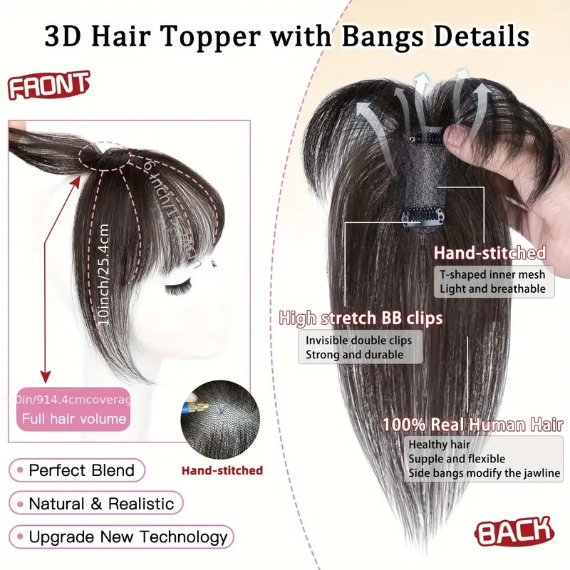 360 3d bangs hair clip 100 real human hair topper with straight bangs side bangs natural look for women on for daily wear versatile hairpiece sleek hairpiece secure hairpiece details 3