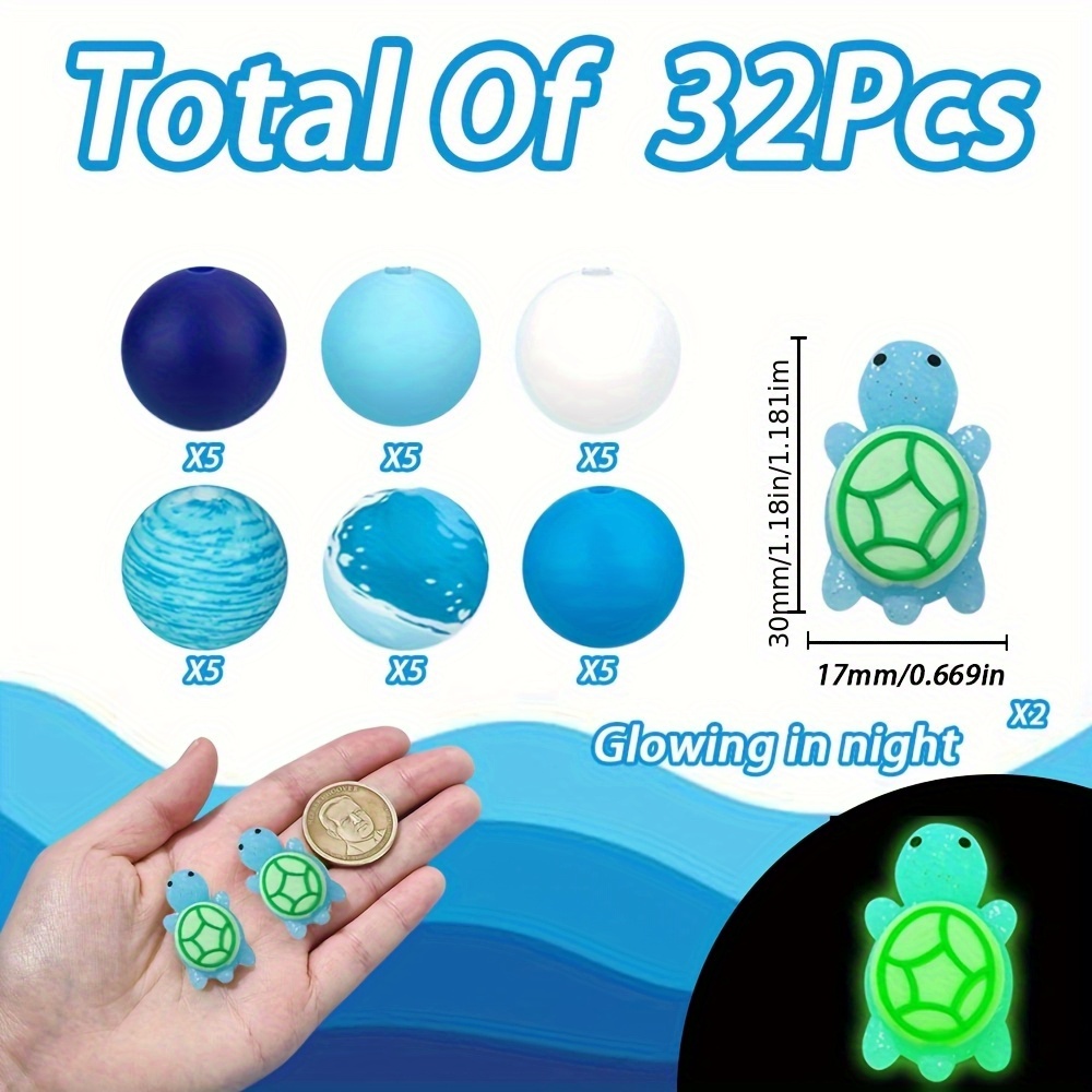 Image of 32pcs Of Turtle Silicone Beads, With A Blue 15mm Round Bead, Suitable For Diy Production . Suitable For Pendant Decoration, Pen Decoration, And Perfect Gift Making
