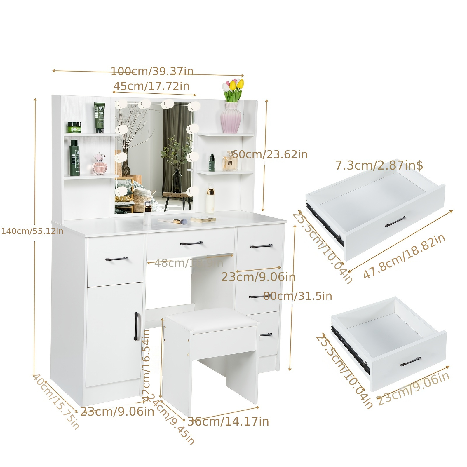 Modern White Solid Dresser with Illuminated Mirror