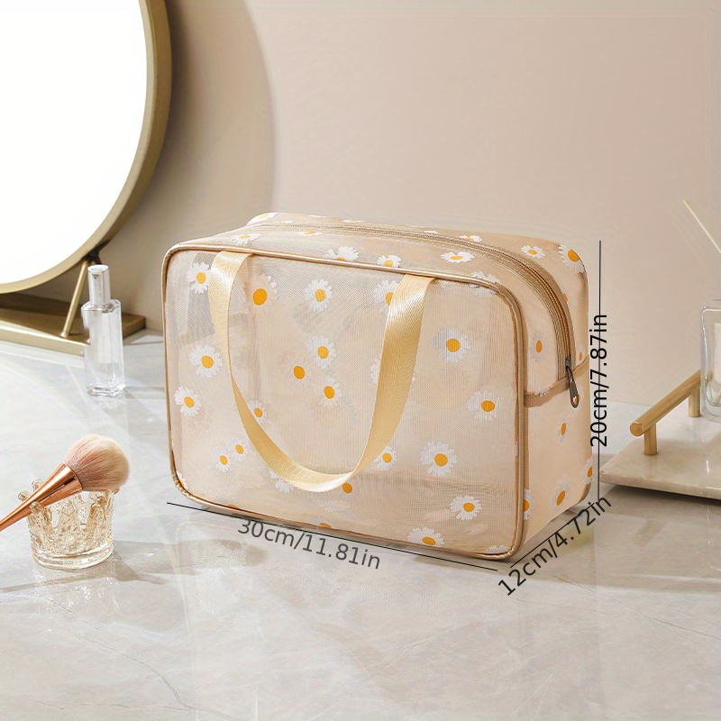 daisy pattern mesh bag portable zipper makeup bag large summer beach toiletry wash bag details 8