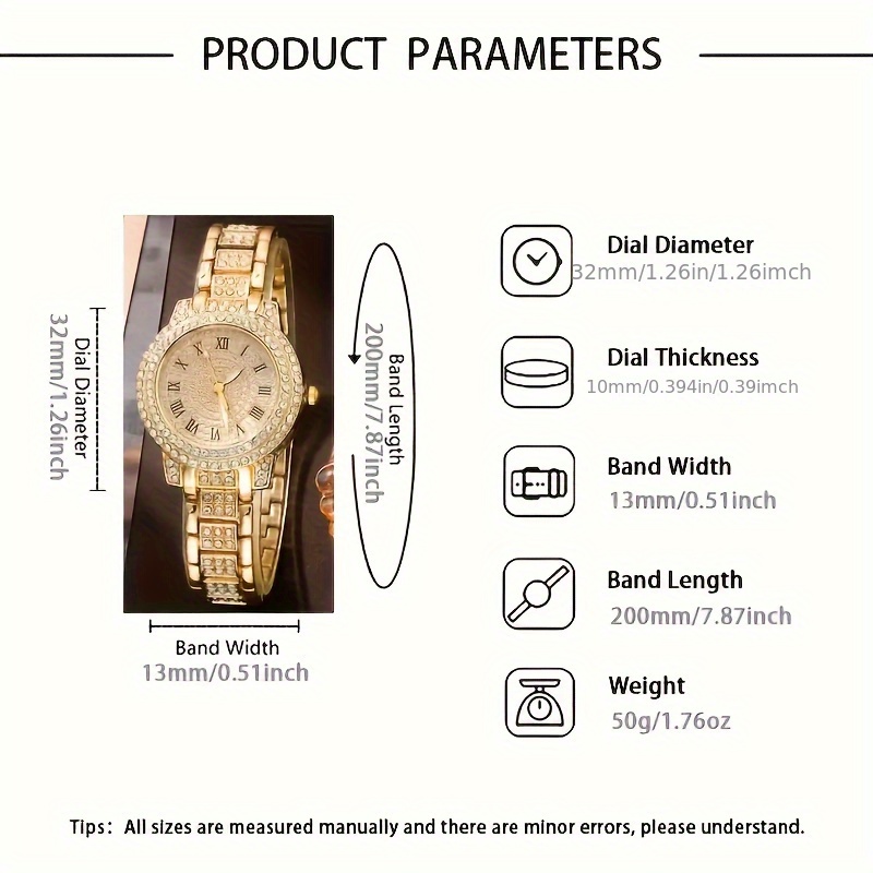 1pc Reloj de cuarzo de moda para mujeres y conjunto de joyería, resistente a los golpes, pantalla analógica redonda, pulsera y caja de aleación, no incluye batería de botón - Incluye conjunto de 6 accesorios
