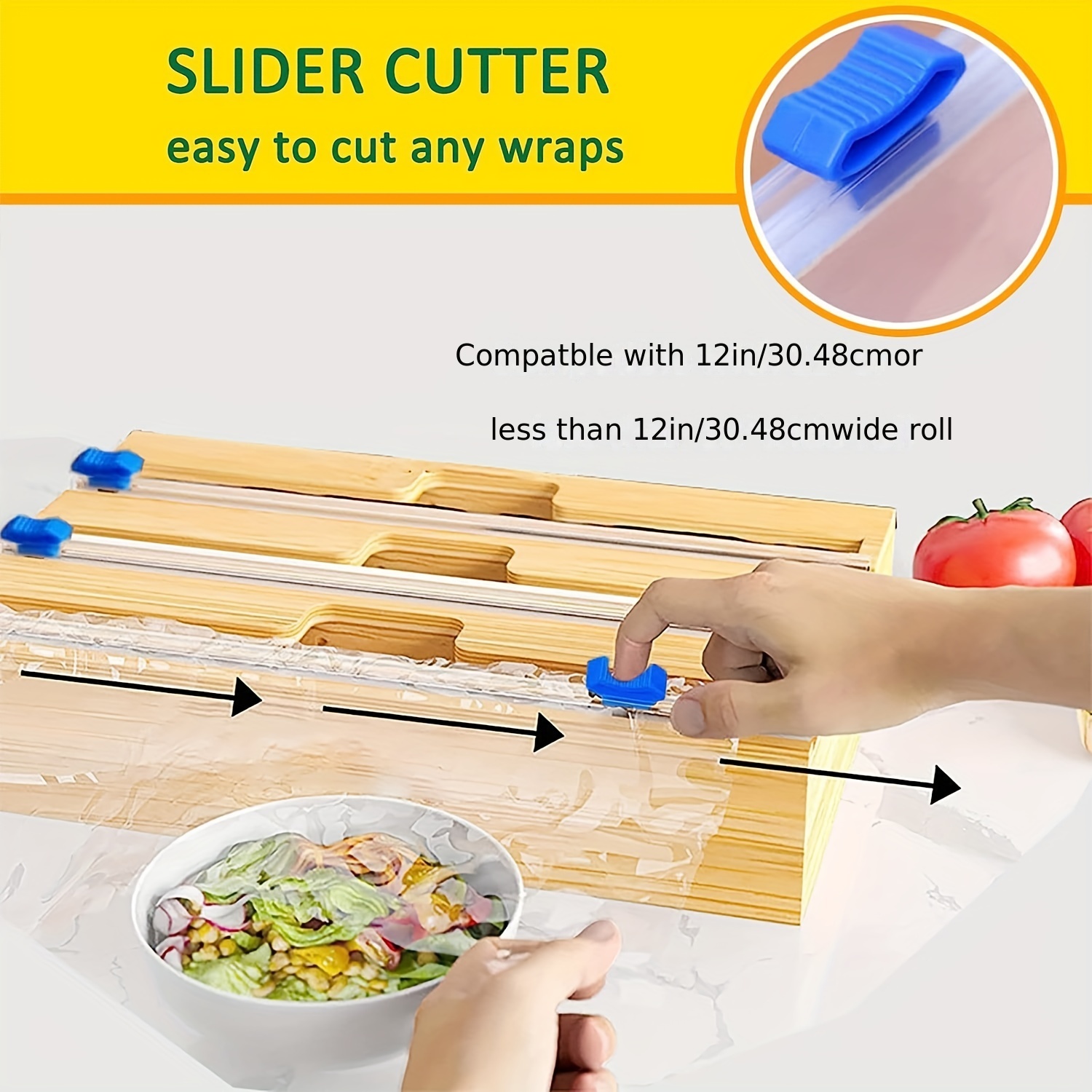 Bamboo Wood Plastic Wrap Dispenser With Slide Cutter Also For 12