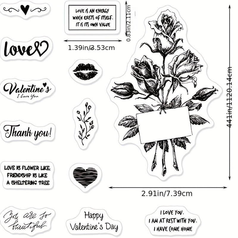 Rose Flowers Clear Stamps for Card Making Decoration and Scrapbooking Supplies, Love Words with Sentiment Clear Stamp Background Transparent Rubber