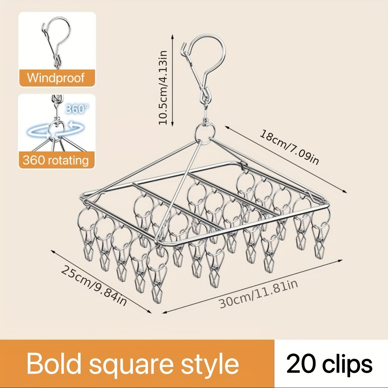 

Stainless Steel Multi-clip Laundry Drying Rack With Swivel Hook - Windproof, Perfect For Socks, Underwear & Small Garments