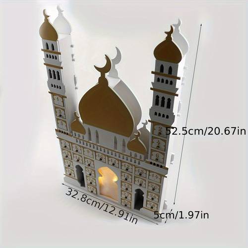 1pc Wooden Eid Festival Castle LED Light Calendar Cabinet Home Desktop Decoration Ramadan Crafts Countdown Window Decoration