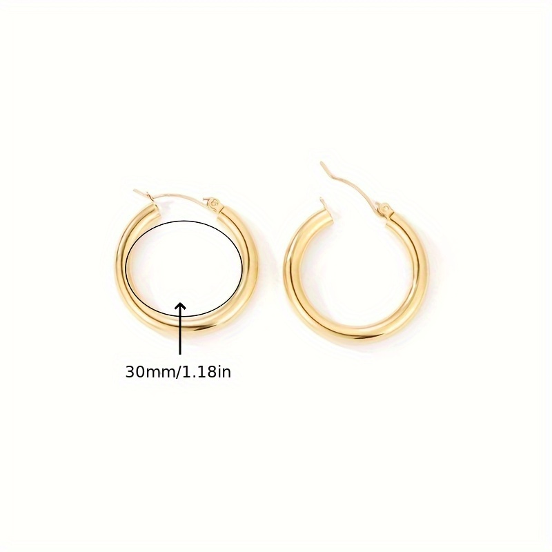 TEMU 1 Pair Stainless Steel Hoop Earrings For Women - Minimalist Thick Hoops With Polished Golden Finish, Elegant Retro Design For Parties, Music Festivals & Casual Attire, Durable Jewelry