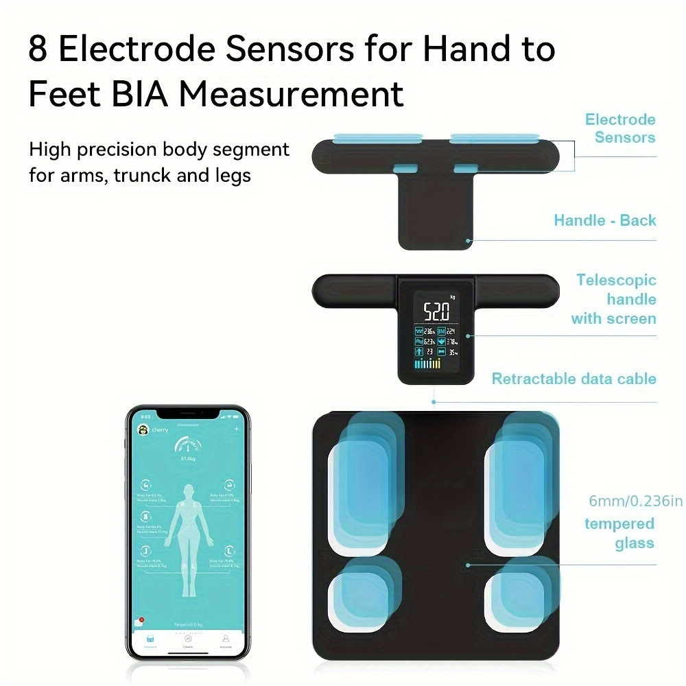 8개의 전극이 있는 스마트 체중계 1개, 고정밀 디지털 욕실 저울, 대형 컬러 lcd 디스플레이, 충전식 리튬 배터리, usb 충전, 무선, 플라스틱 재질