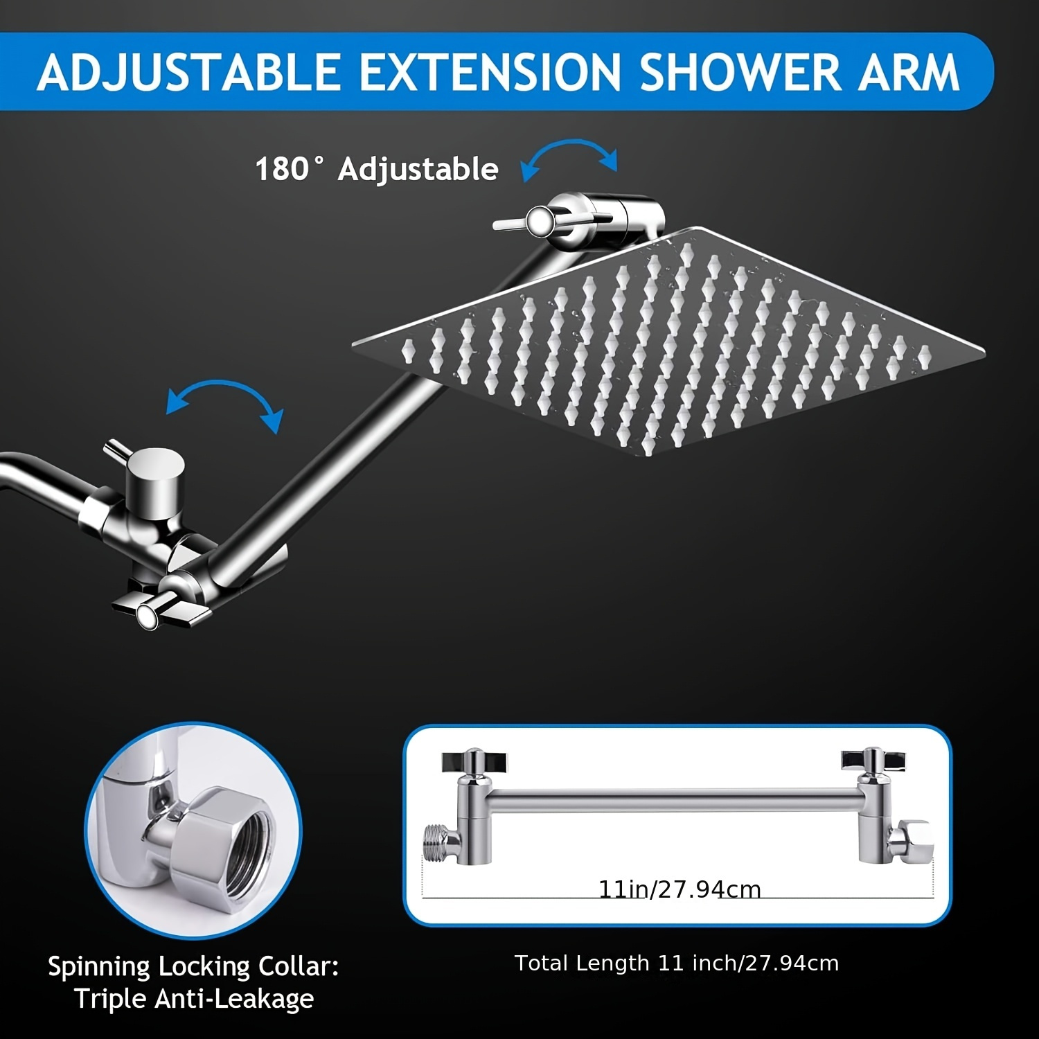 "Luxurious Rainfall Shower Head Combo: 8/12 Inch High Pressure & Handheld with 11 Inch Extension Arm – 5 Settings, Anti-leak Design, Height/Angle Adjustable" 22 Shower Head, 8/12 Inch High Pressure Rainfall Shower Head/Handheld Shower Combo With 11 Inch Extension Arm, 5 Settings Adjustable Anti-leak Shower Head With Holder/Hose, Height/Angle Adjustable