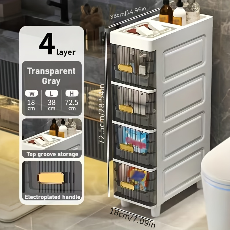 TEMU 1pc Layered Slimline Big Capacity Bathroom Storage Cabinet - Versatile Multi-drawer Organizer For Toilet & Study, Big Capacity Space-saving Side Rack With Smooth-opening Drawers