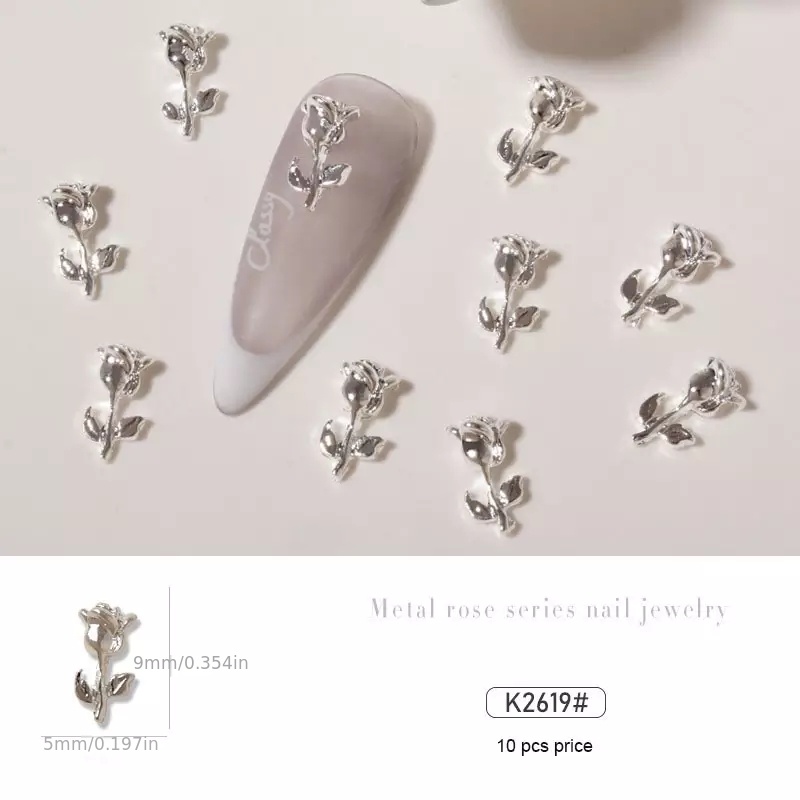 10 pcs Metal Rose Flower Decoration Silver Nail Art Accessories